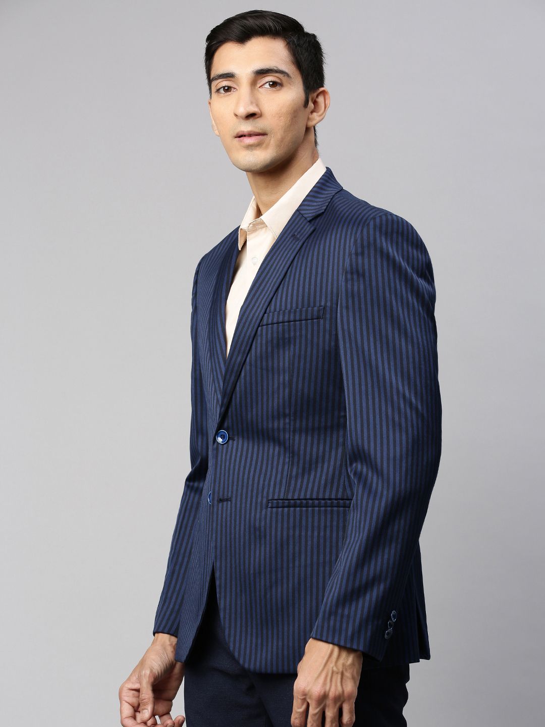 Park Avenue Men Navy Blue & Black Striped Super Slim Fit Single-Breasted Formal Blazer