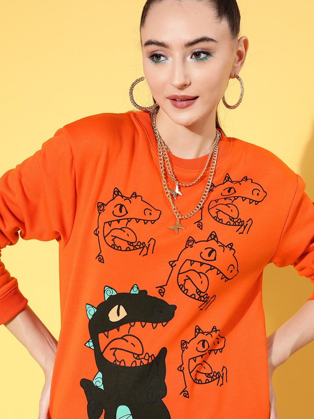 Sassafras Wanita Orange & Black Printed Sweatshirts dan Joggers