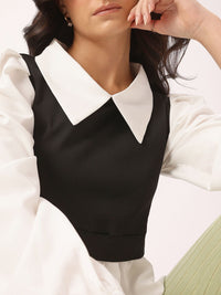 DressBerry Casually Sophisticated Layered Detail Puff Sleeves Shirt-Style Longline Top