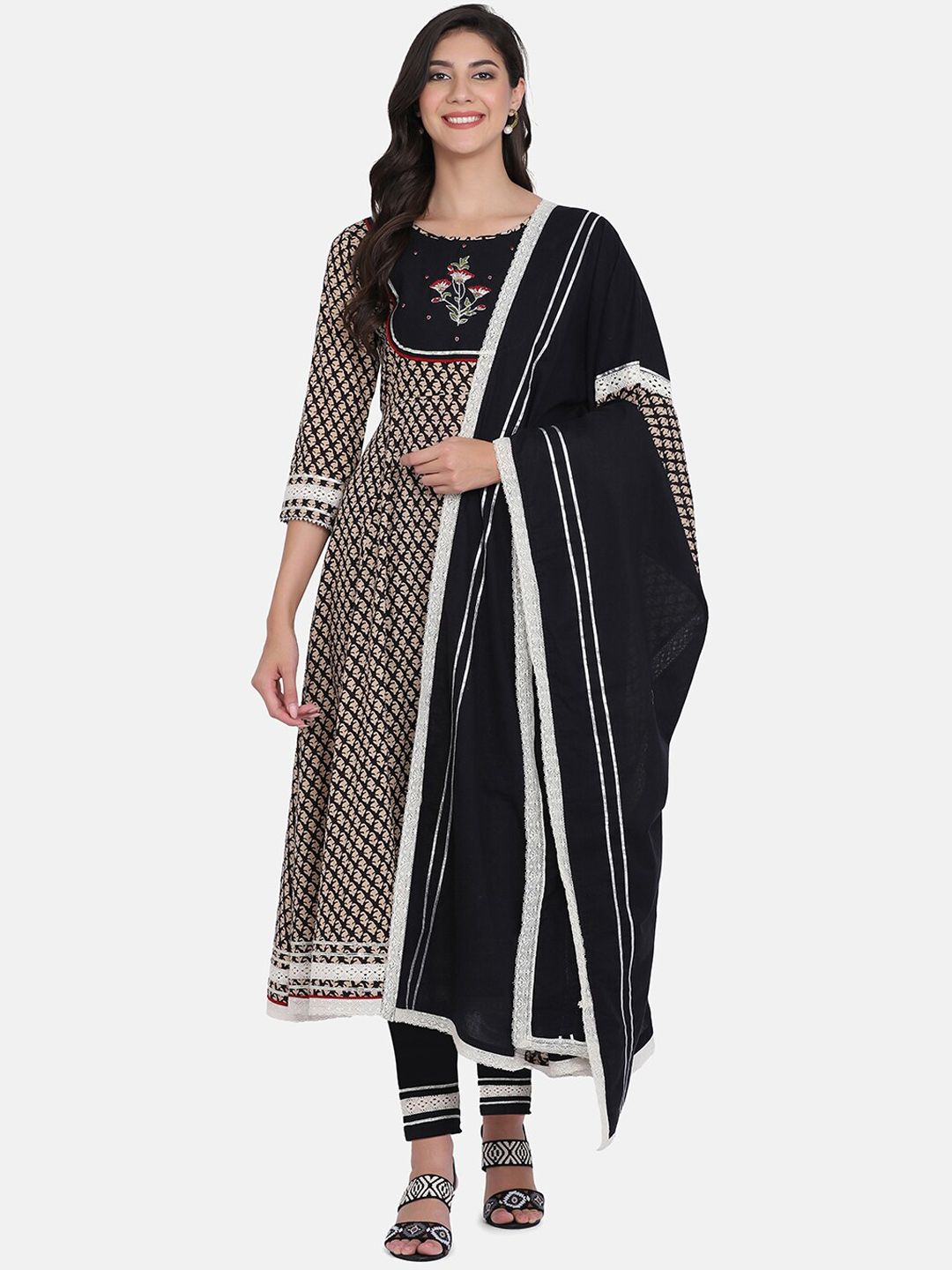 KALINI Ethnic Motifs Printed Pure Cotton Kurta With Trousers & Dupatta