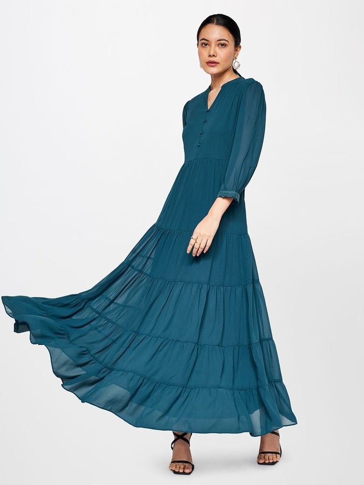 AND Mandarin Collar Puff Sleeves Maxi Fit and Flare Dress
