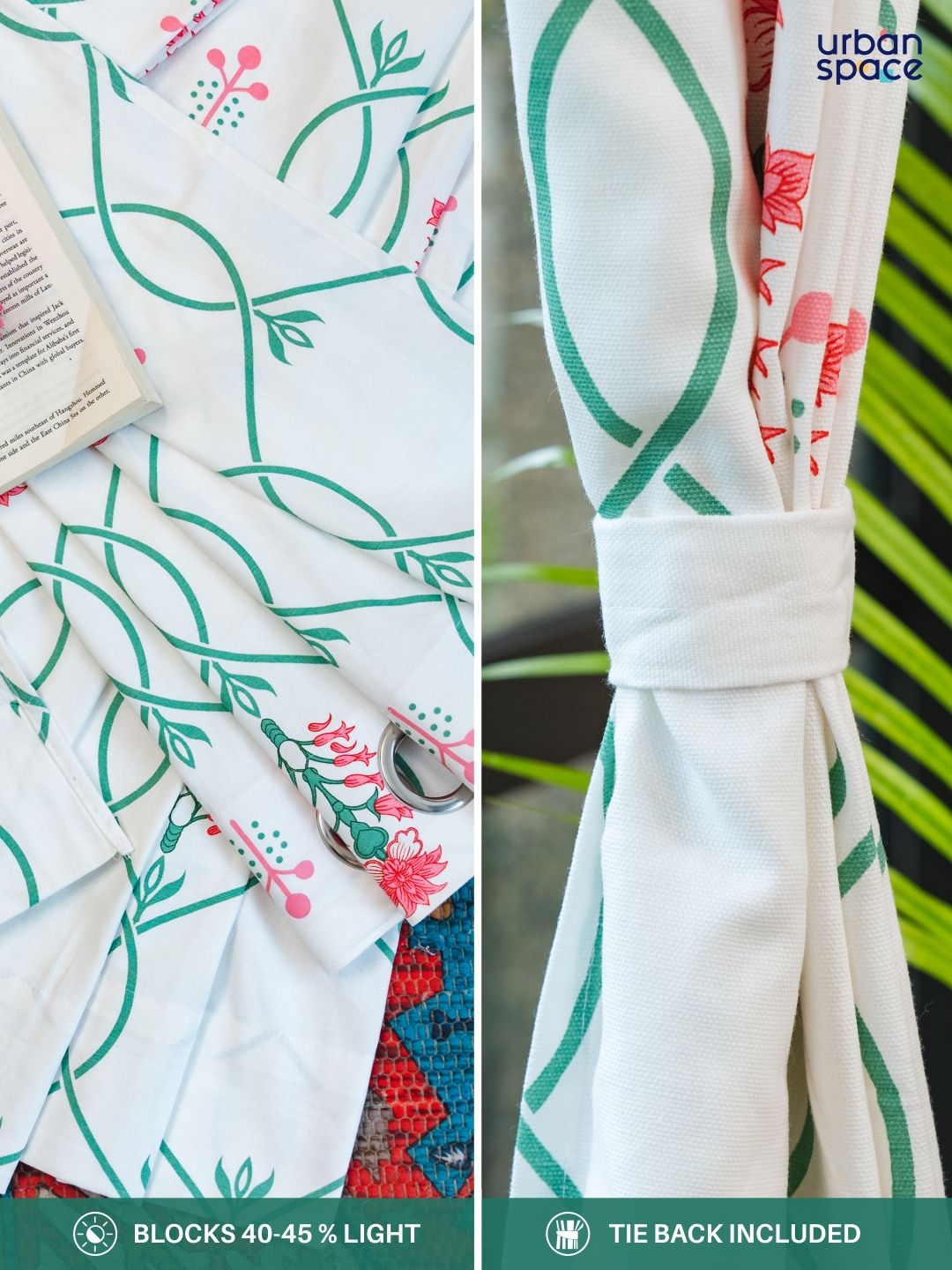 URBAN SPACE White & Green 2 Pieces Floral Cotton Window Curtains