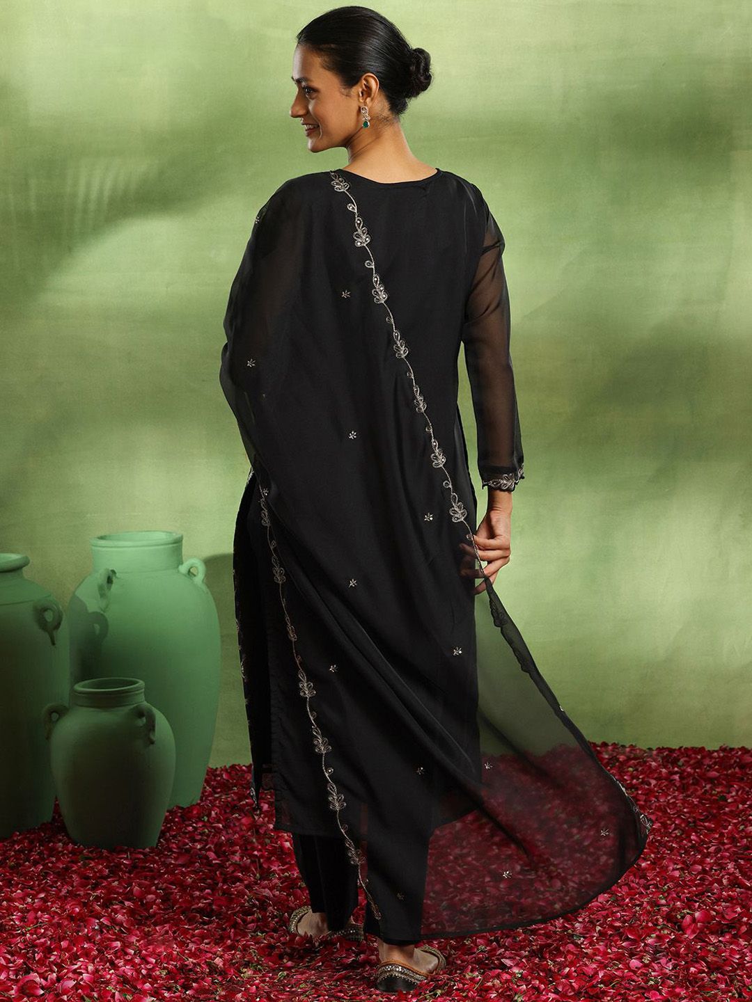 Libas Ethnic Motifs Woven Design Zari Work Organza Straight Kurta With Trouser & Dupatta