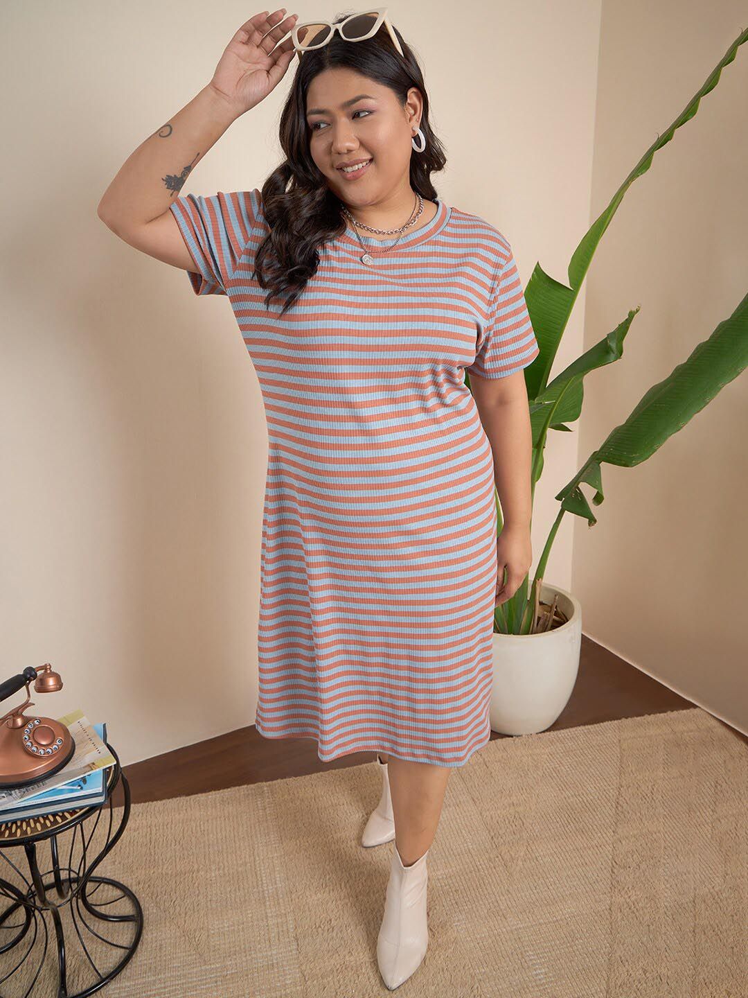 CURVY STREET Maroon Plus Size Striped Midi T-shirt Dress