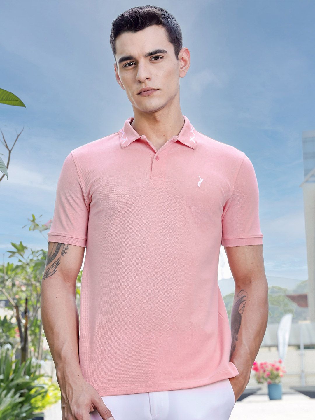 Thomas Scott Men Solid Polo Collar Cotton Slim Fit T-shirt