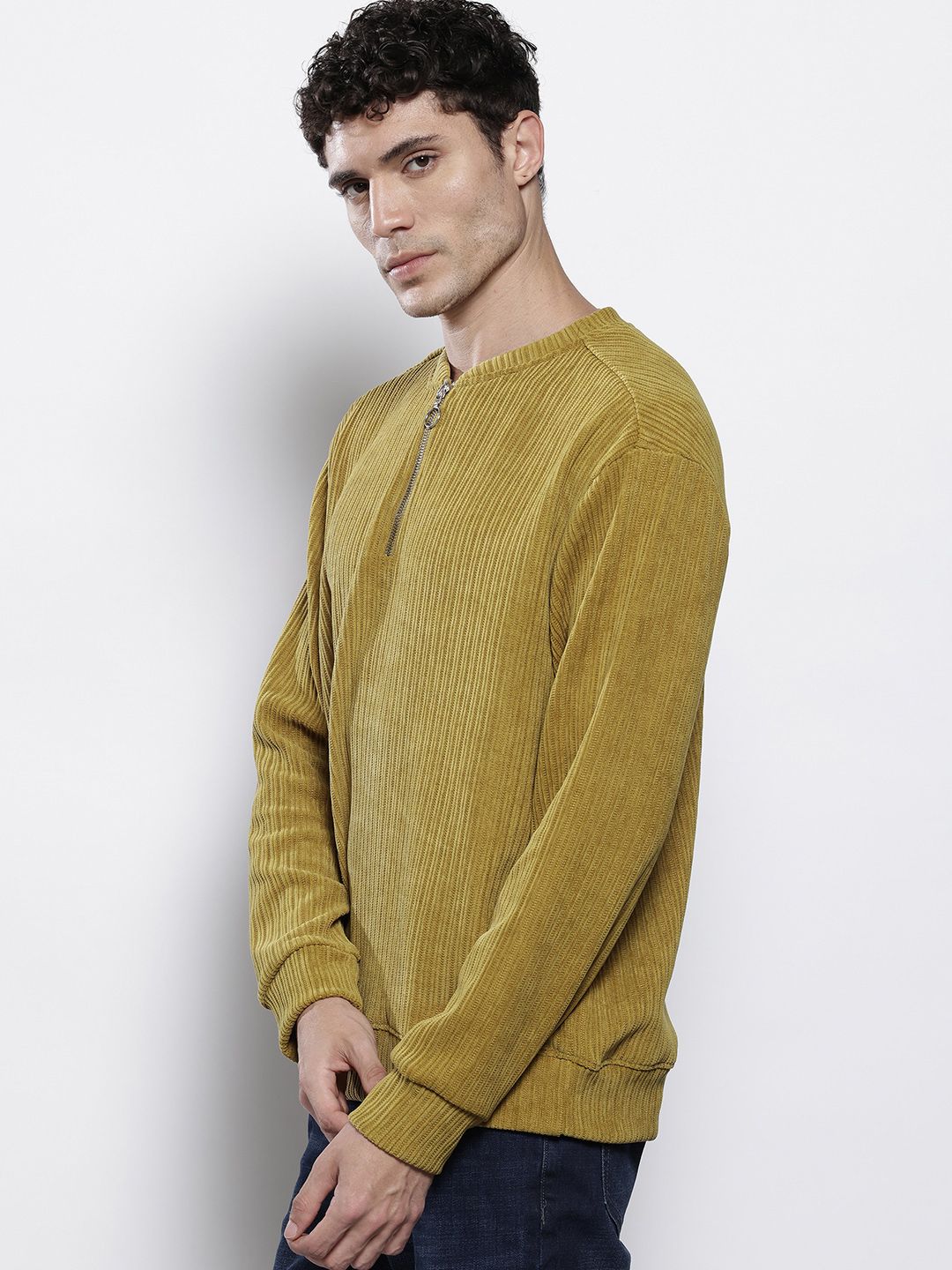 The Indian Garage Co Self Striped Stand Collar Corduroy Relaxed Fit Sweatshirt