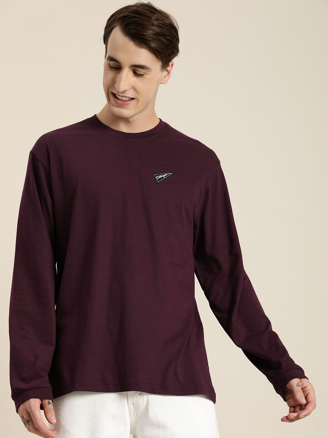 DILLINGER Men Burgundy Printed Cotton Oversized  T-shirt