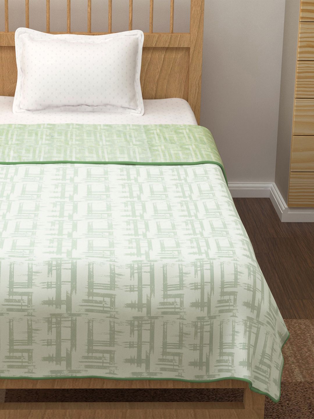 Story@home White & Green Striped AC Room 150 GSM Reversible Cotton Single Bed Dohar