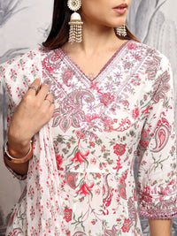 Vishudh Women Floral Printed Pure Cotton Kurta with Trousers & With Dupatta