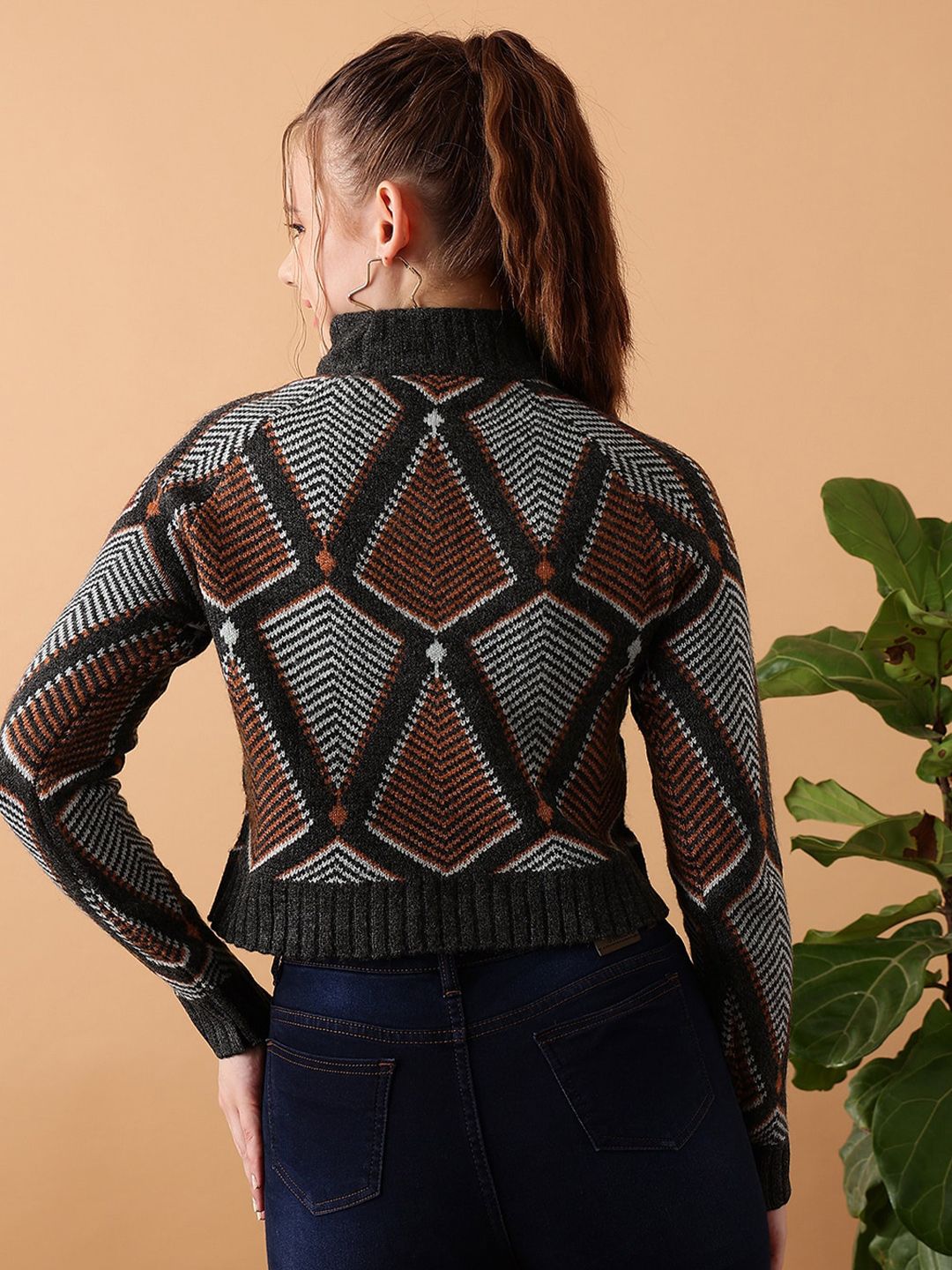 STREET 9 Geometric Printed Turtle Neck Crop Acrylic Pullover Sweater