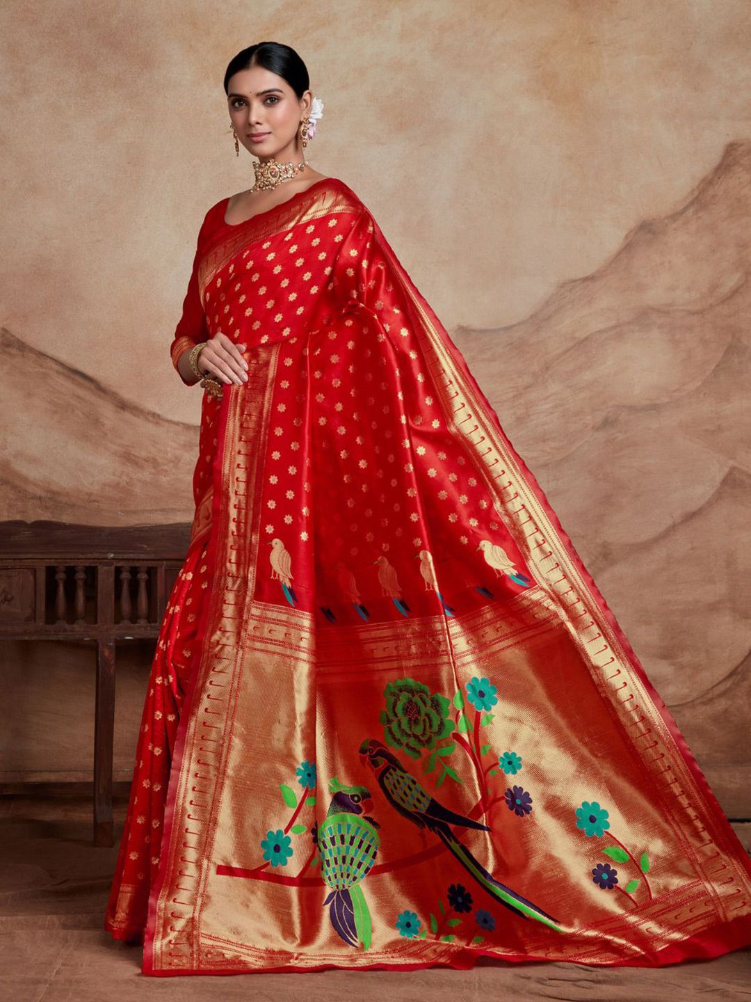 KALINI Ethnic Motifs Silk Blend Woven Paithani Saree with Blouse Piece