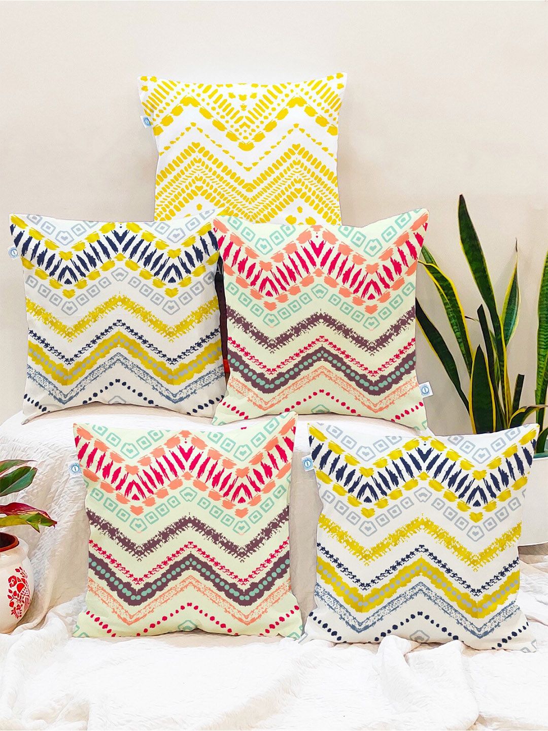 STITCHNEST Yellow & Off White Set of 5 Geometric Printed Square Cushion Covers