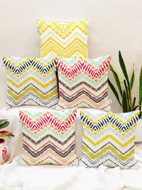 STITCHNEST Yellow & Off White Set of 5 Geometric Printed Square Cushion Covers