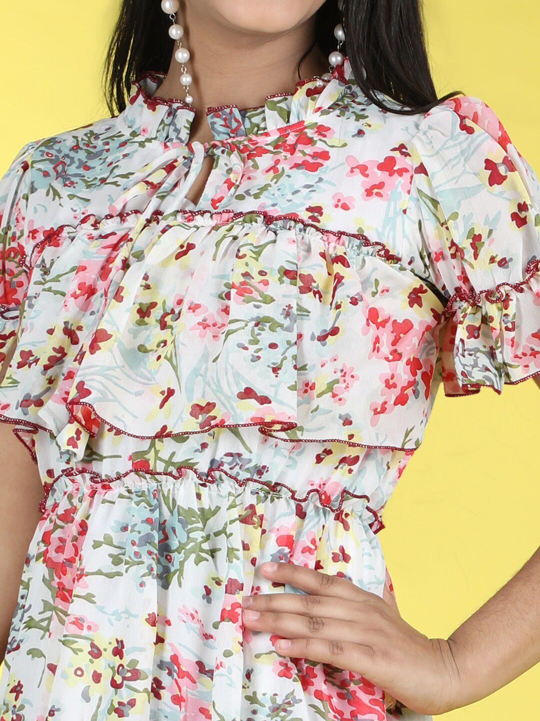 Cutiekins Girls Floral Print Ti Up Neck Georgette Fit & Flare Dress