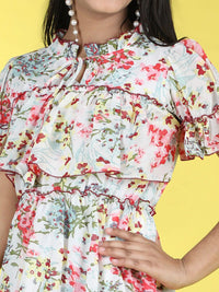 Cutiekins Girls Floral Print Ti Up Neck Georgette Fit & Flare Dress