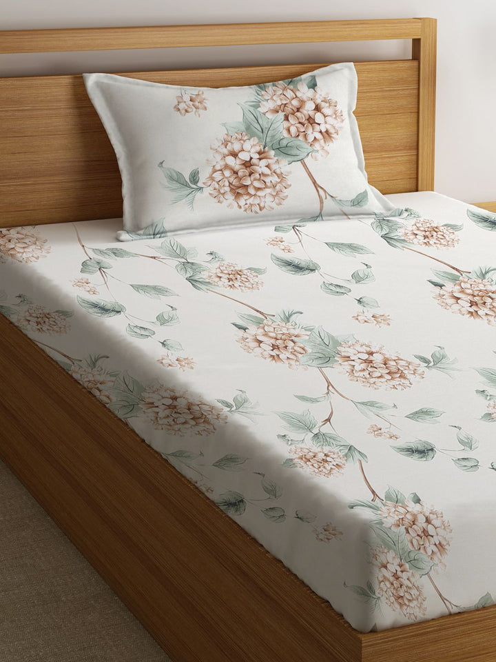 KLOTTHE White Floral Cotton 300 TC Fitted Single Fine Bedsheet with a Pillow Cover-87 x 59 inches