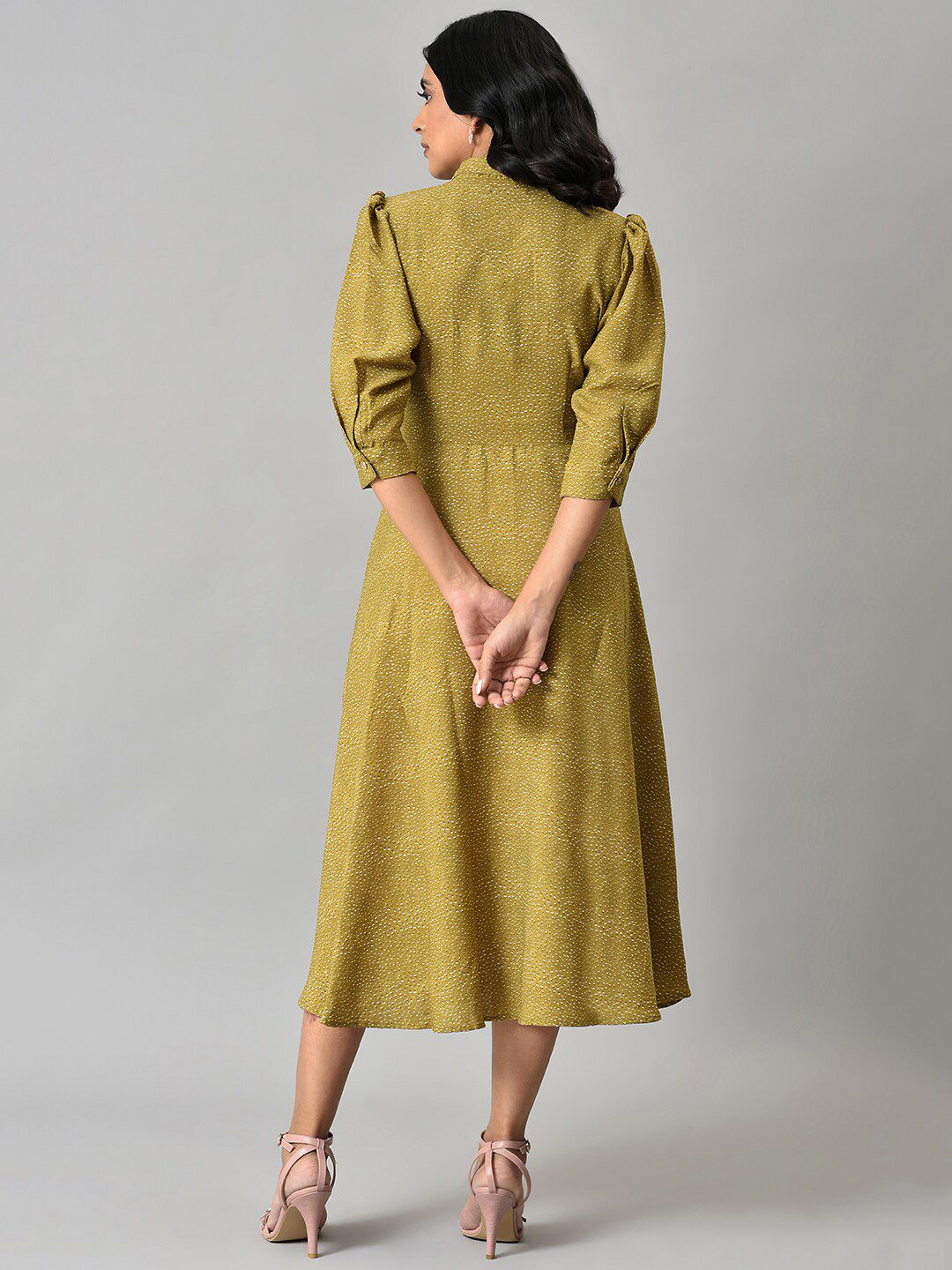 W Women Mustard Waist Belted A-Line Midi Dress