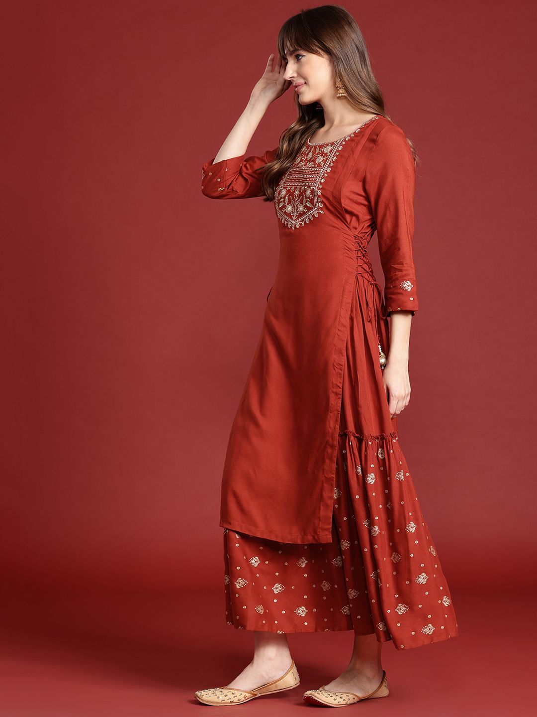 Anouk Ethnic Printed Yoke Embroidered Layered Kurta with Dupatta