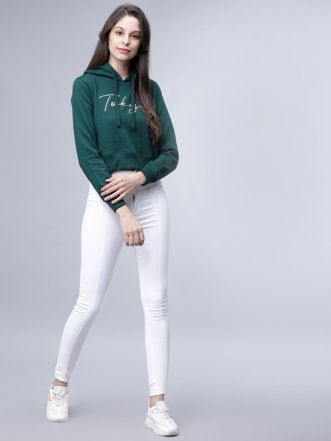 Tokyo Talkies Women Green Printed Hooded Sweatshirt