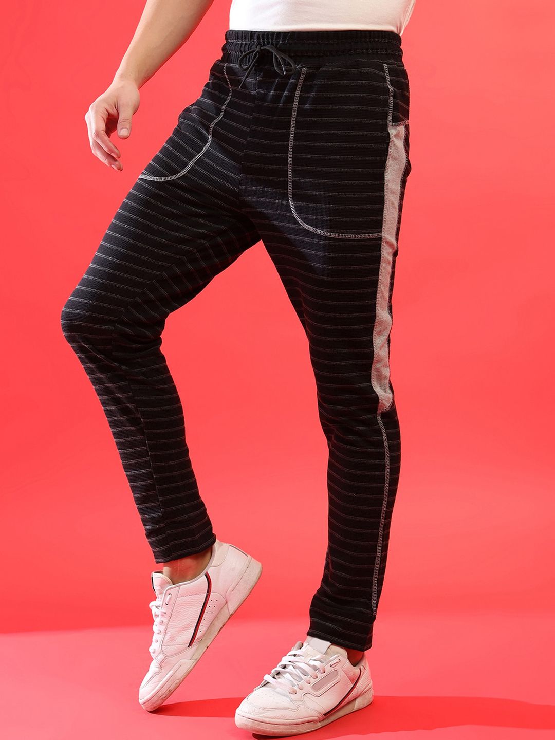 Campus Sutra Men Charcoal Black & Grey Striped Cotton Joggers