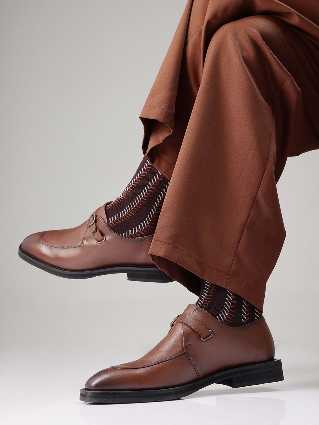RARE RABBIT Men Round Toe Leather Formal Monk Shoes