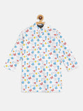 SOJANYA Boys White & Blue Cotton Quirky Printed Straight Kurta