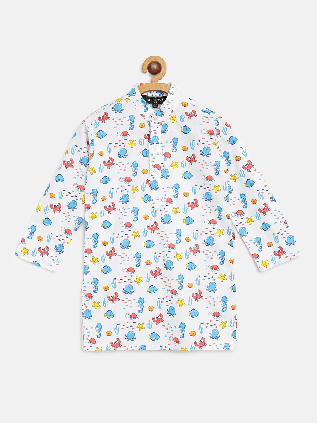 SOJANYA Boys White & Blue Cotton Quirky Printed Straight Kurta