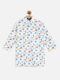 SOJANYA Boys White & Blue Cotton Quirky Printed Straight Kurta