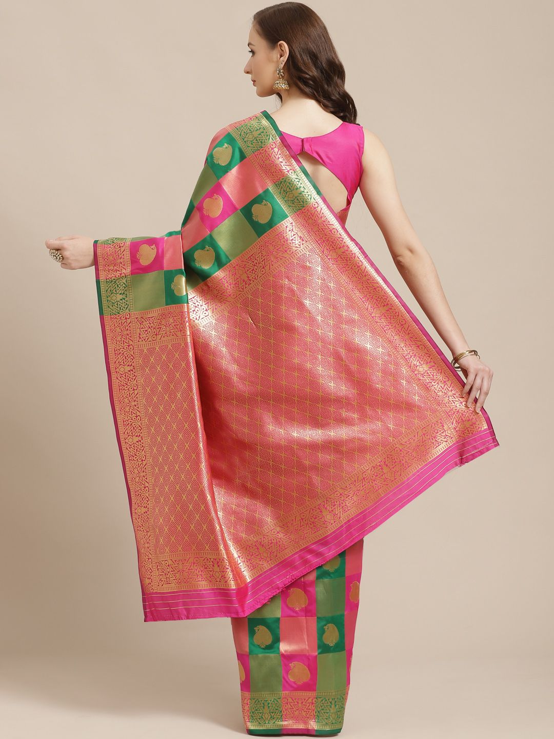 Saree mall Green & Pink Woven Design Banarasi Saree