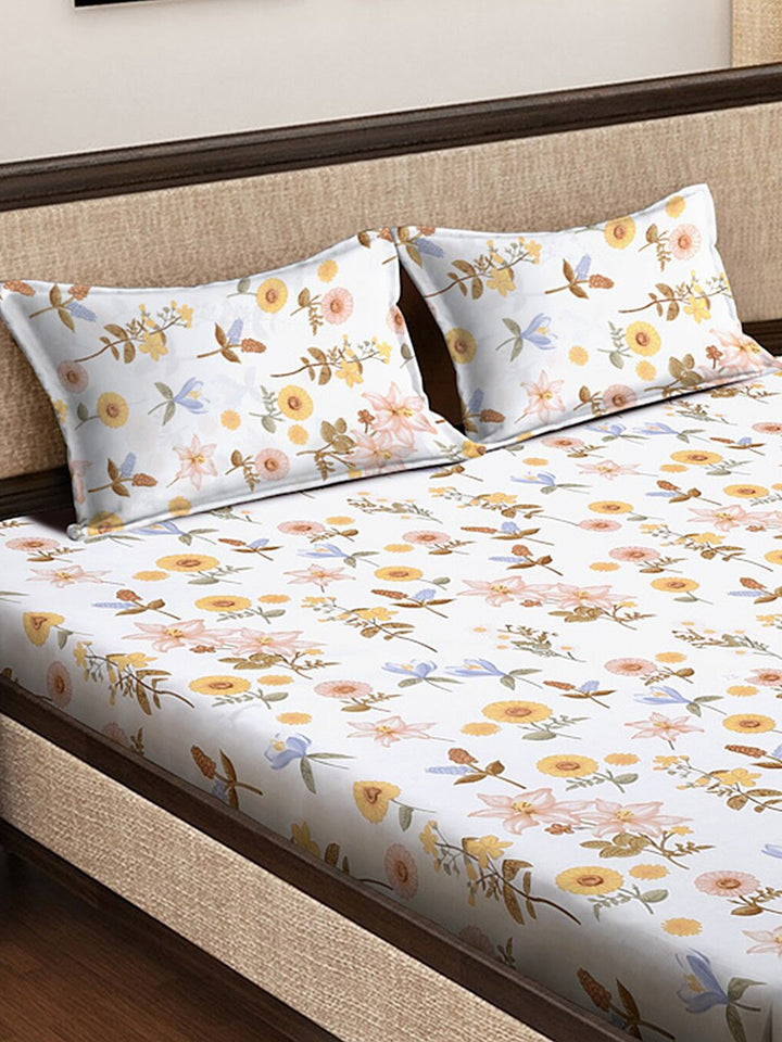 KLOTTHE Genoa White Floral Polycotton 300 TC Dilengkapi Cadar King Halus dengan 2 Sarung Bantal-98 x 87 inci