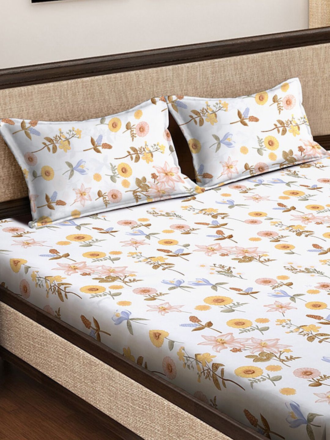 KLOTTHE Genoa White Floral Polycotton 300 TC Dilengkapi Cadar King Halus dengan 2 Sarung Bantal-98 x 87 inci