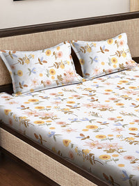 KLOTTHE Genoa White Floral Polycotton 300 TC Dilengkapi Cadar King Halus dengan 2 Sarung Bantal-98 x 87 inci