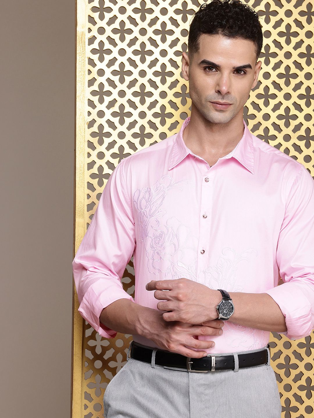 House of Pataudi Floral Embroidered Pure Cotton Party Jashn Shirt
