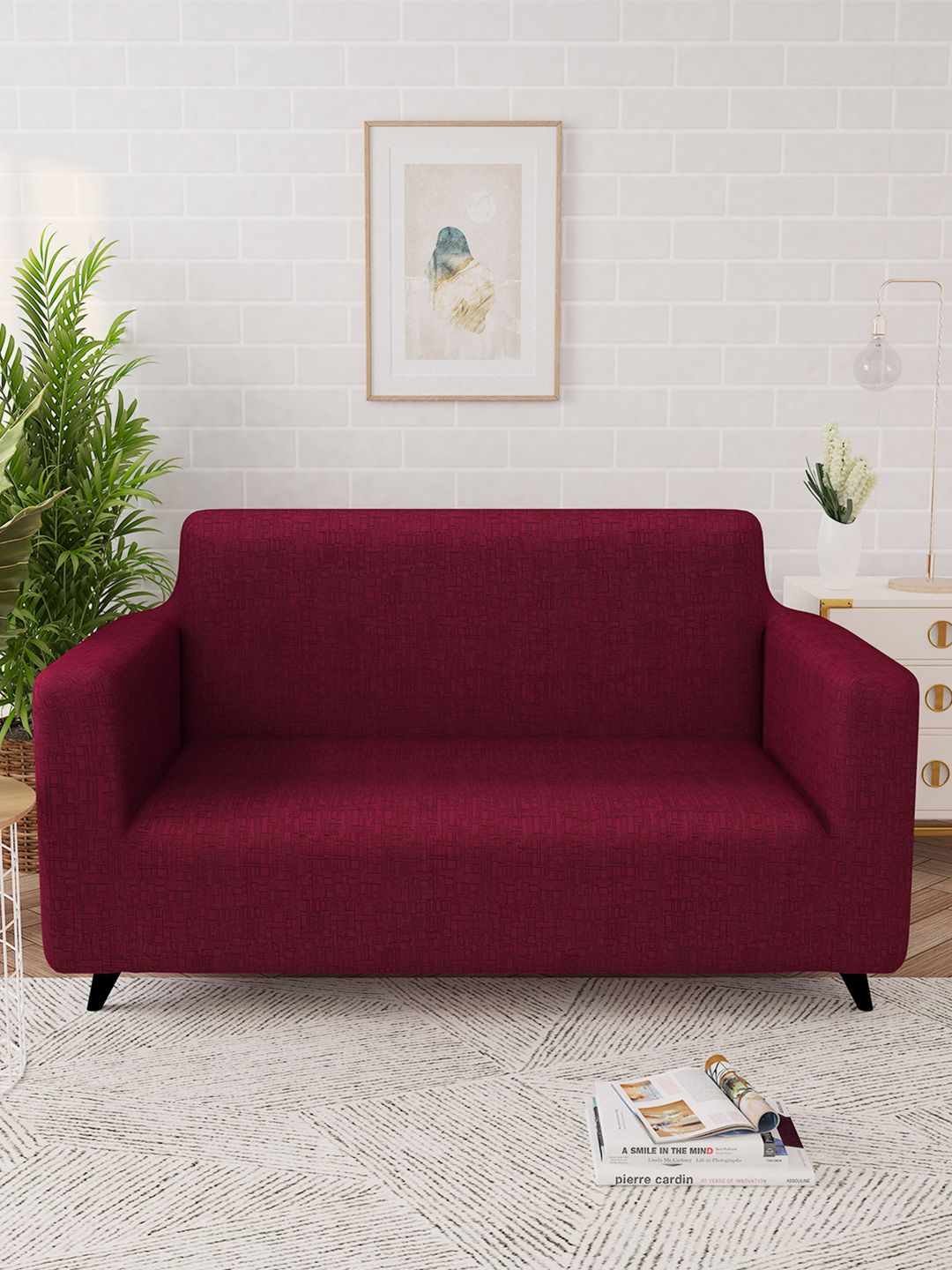 Story@home Maroon Printed 2 Seater Stretchable Sofa Cover With Arms