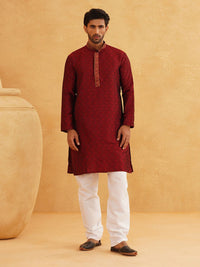 SOJANYA Men Maroon Ethnic Motifs Jacquard Kurta