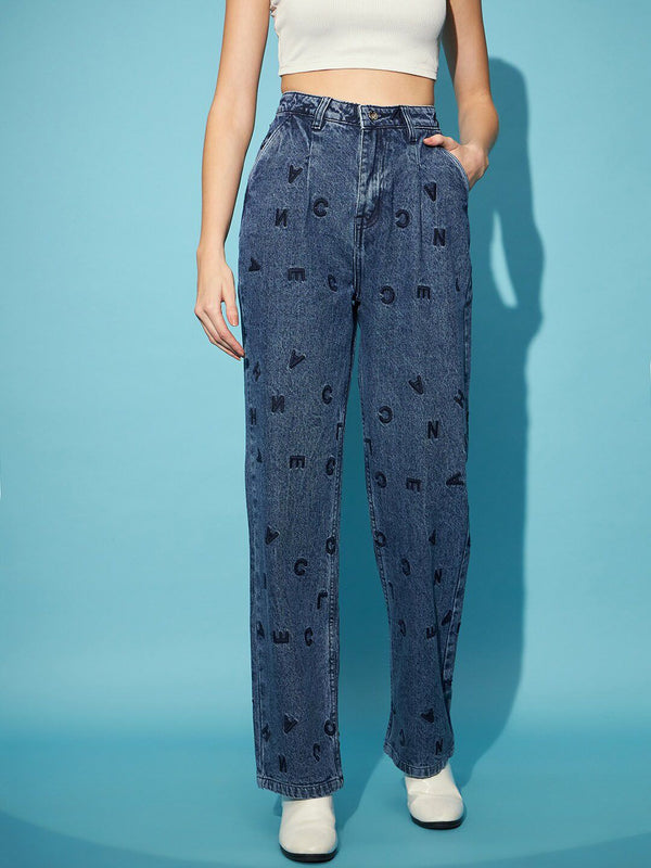 STREET 9 Women Blue Embroidered Clean Look Mom Fit High-Rise Pure Cotton Jeans