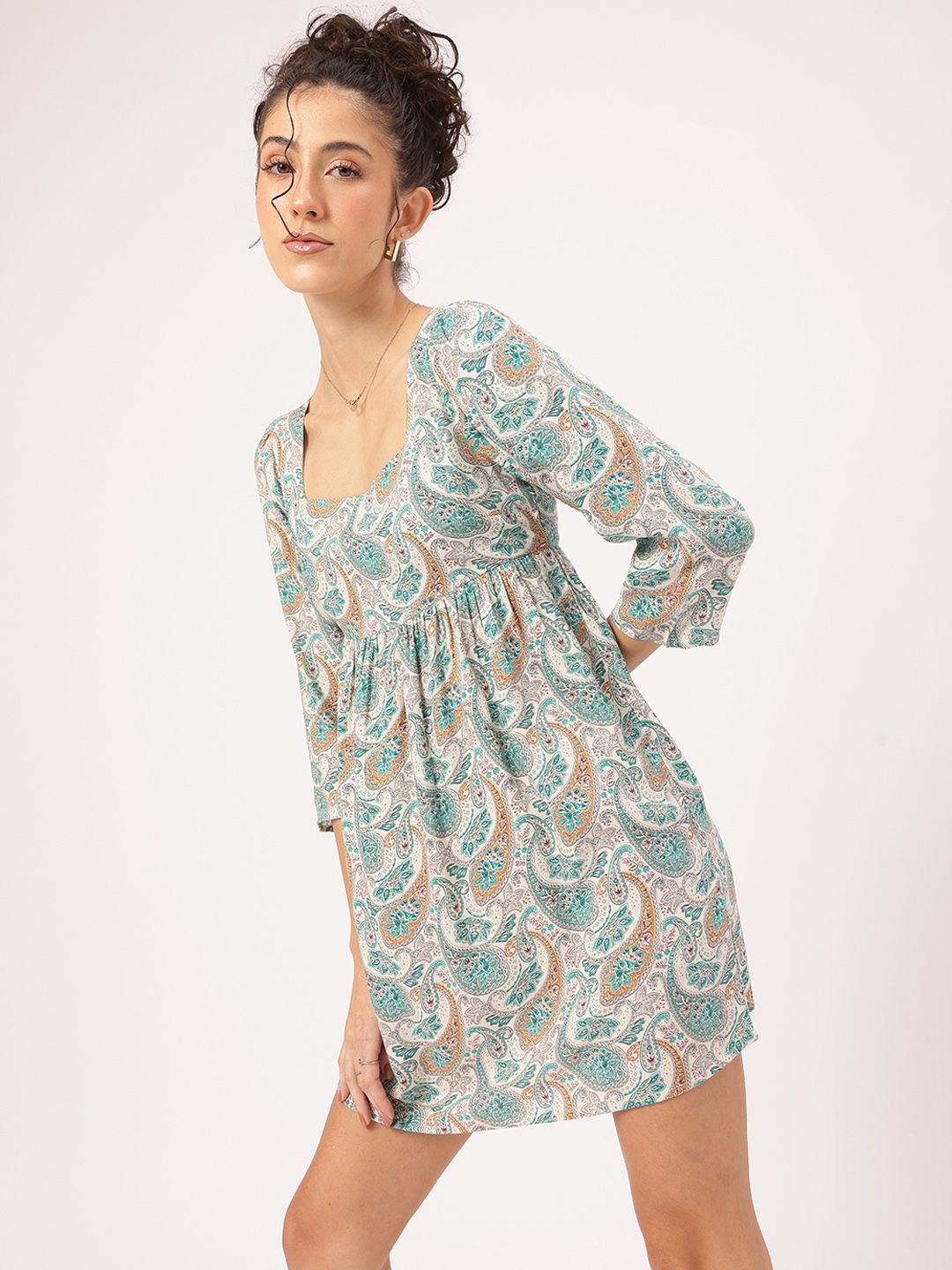 DressBerry Retro Blooms Paisley Printed Square Neck A-Line Mini Dress