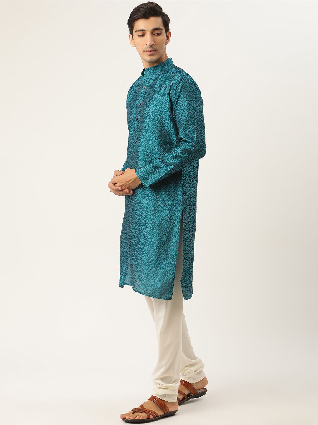 SOJANYA Men Teal Blue & Orange Woven Design Kurta with Churidar & Nehru Jacket