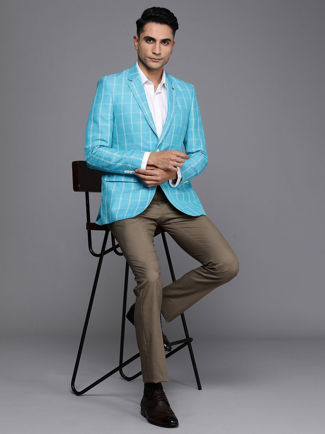 Raymond Linen Cotton Contemporary Fit Single-Breasted Checked Formal Blazers