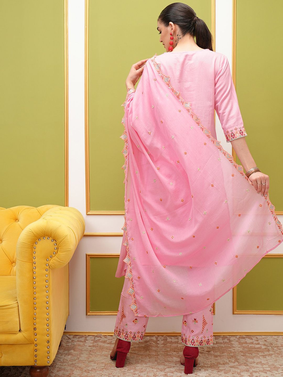 Vishudh Embroidered Regular Thread Work Pure Cotton Kurta with Trousers & With Dupatta