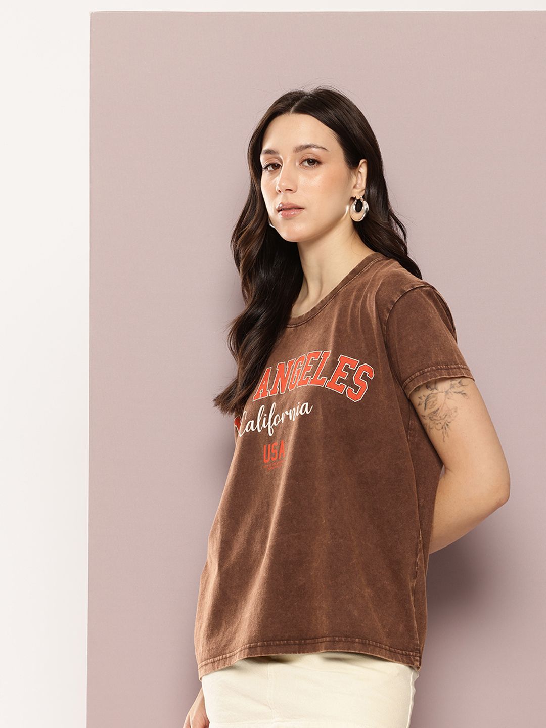 DILLINGER Women's Acid Washed Boxy Fit Varsity Printed Tshirt