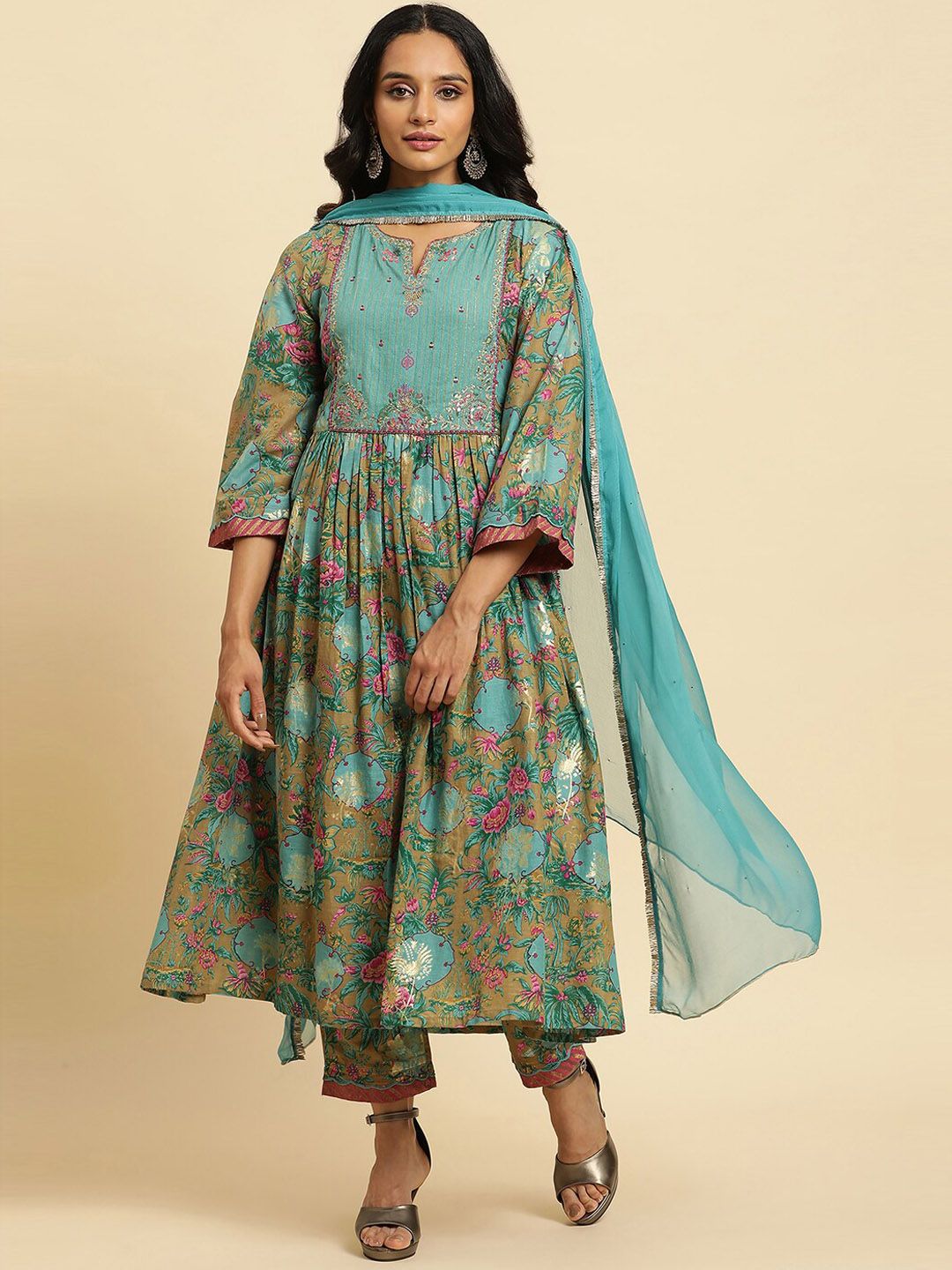 W Floral Print Cotton Kurta With Straight Pant & Dupatta