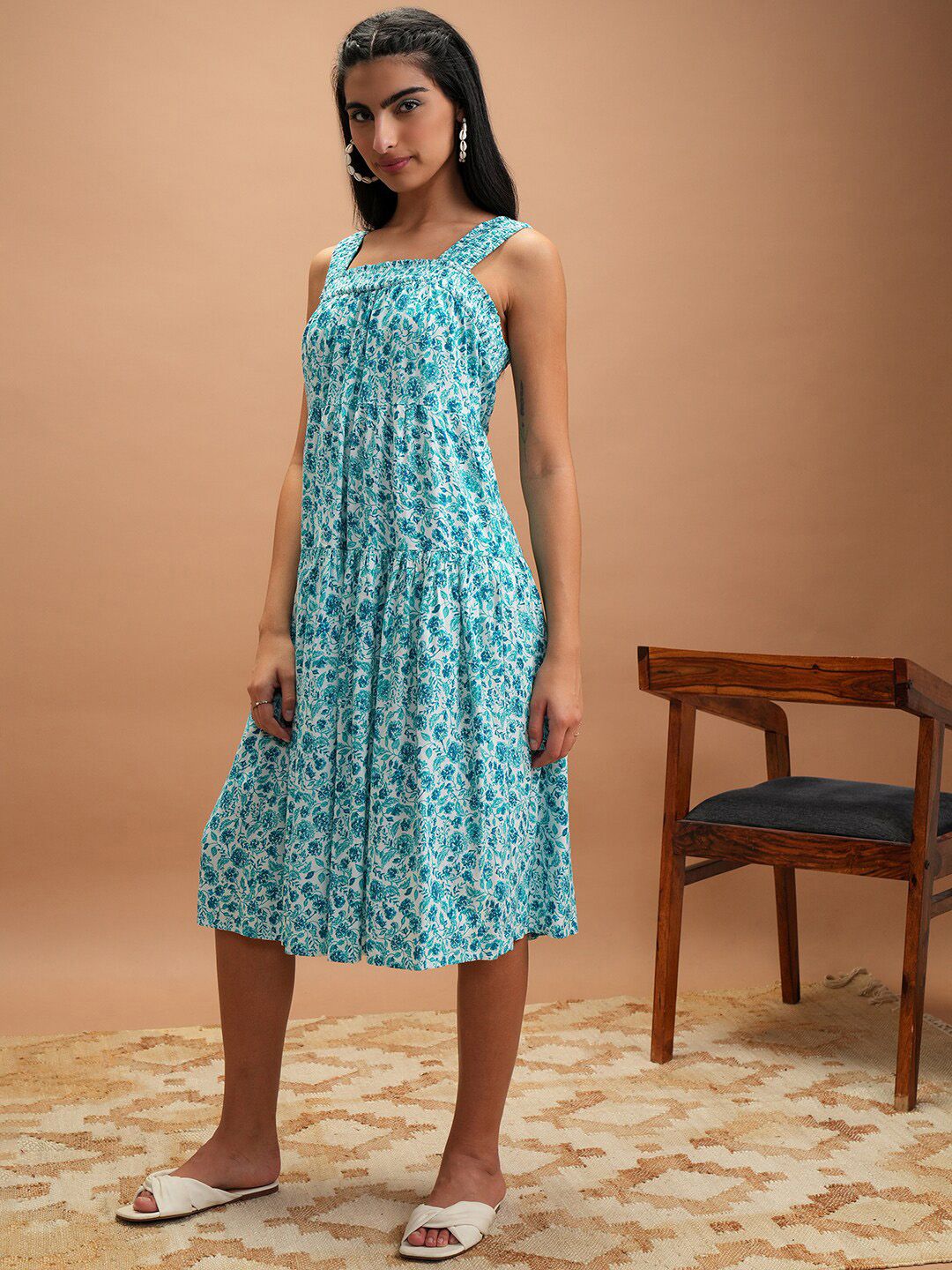 Vishudh Blue Floral Printed Smocked Tiered A-Line Midi Dress
