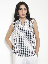 Rareism Geometric Printed V-Neck Cotton Top