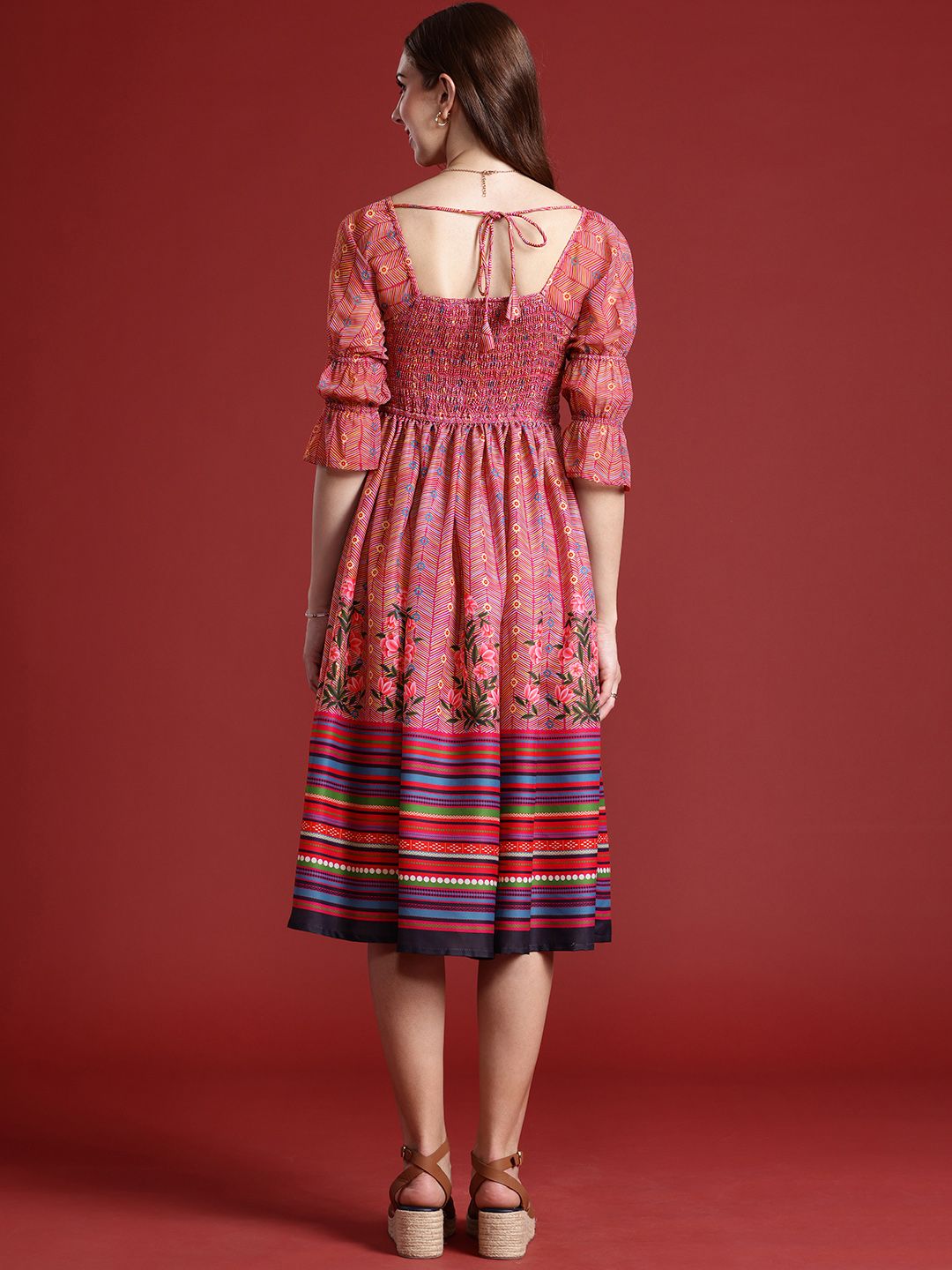 Anouk Floral Printed Fit & Flared Smocked Ethnic Dress