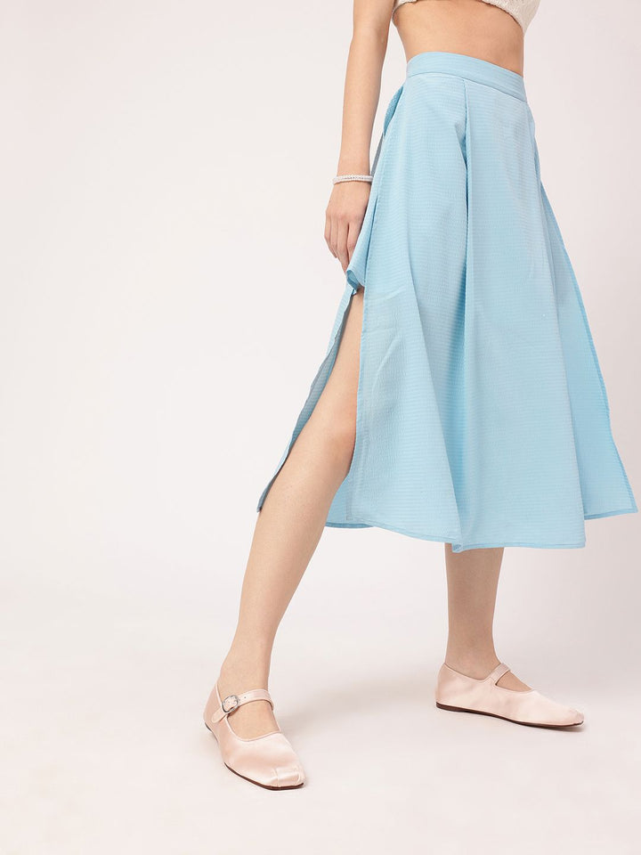 Playful Feminine Seersucker Side Slit A-Line Midi Skirt