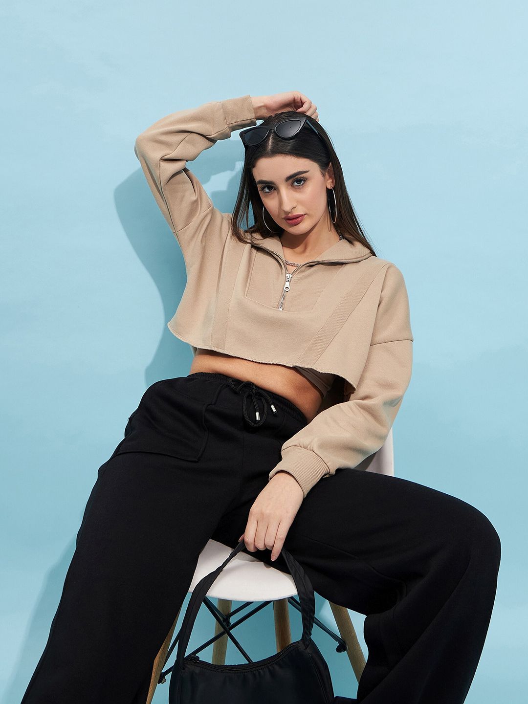STREET 9 Beige Mock Collar Crop Pure Cotton Sweatshirt
