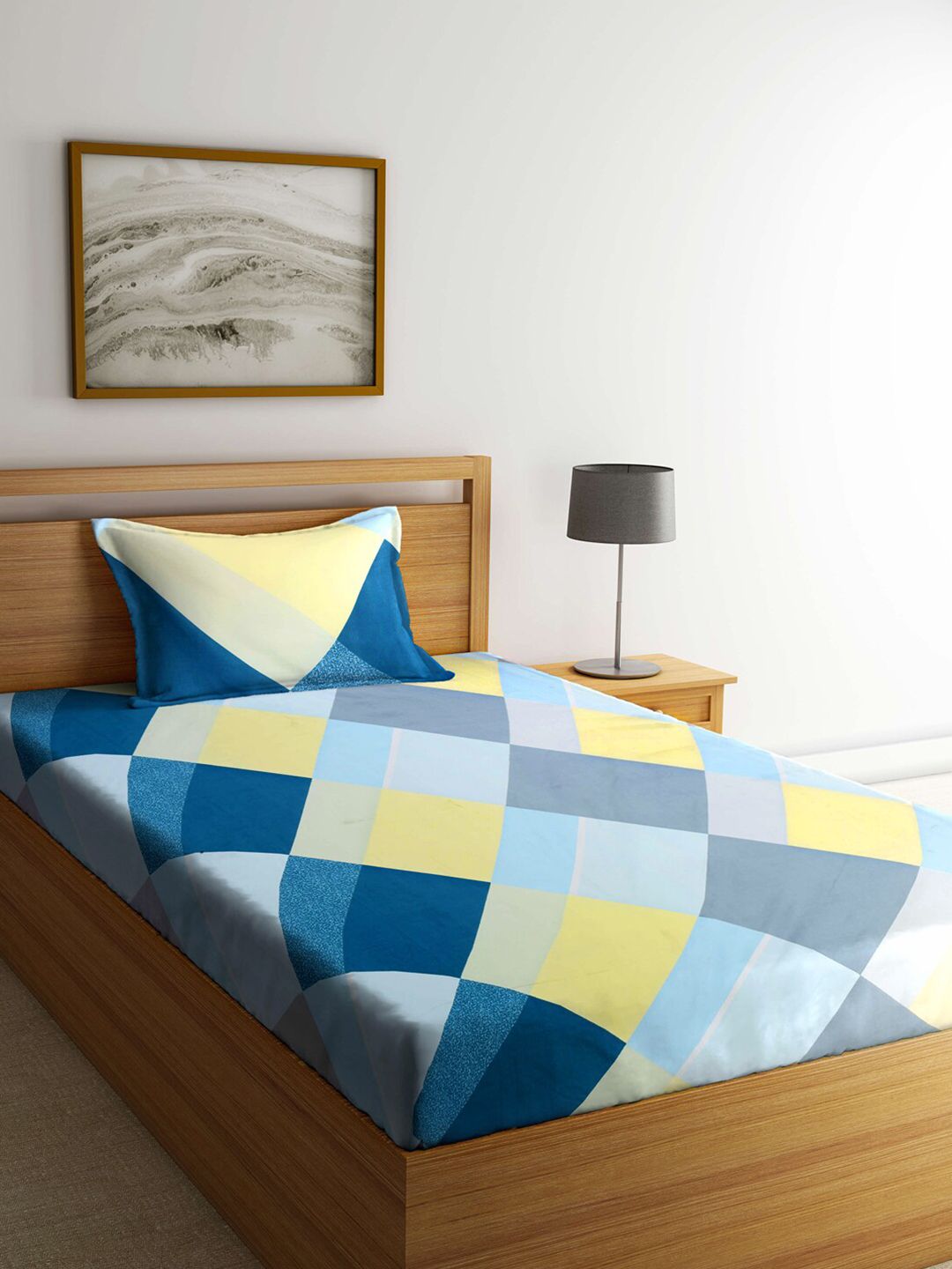 KLOTTHE Blue & Yellow Geometric 300 TC Single Bedsheet with 1 Pillow Covers