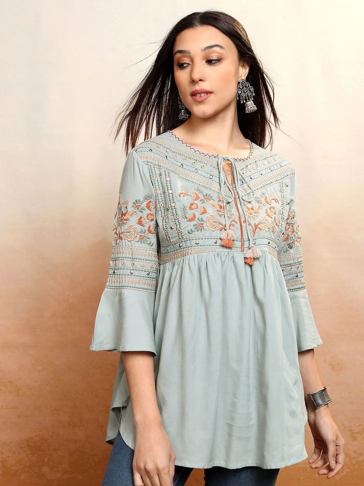 Vishudh Floral Embroidered Tie-Up Neck Bell Sleeves A-Line Kurti