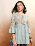 Vishudh Floral Embroidered Tie-Up Neck Bell Sleeves A-Line Kurti